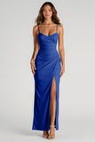 Light Blue Spaghetti Straps Sheath Ruched Long Bridesmaid Dress