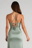 Eucalyptus Satin Ruched Sheath Long Bridesmaid Dress with Slit