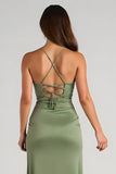 Eucalyptus Satin Ruched Sheath Long Bridesmaid Dress with Slit