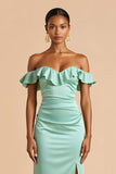 Mint Green Off the Shoulder Satin Sheath Long Bridesmaid Dress