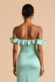 Mint Green Off the Shoulder Satin Sheath Long Bridesmaid Dress
