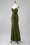 Olive Spaghetti Straps Satin Ruched Sheath Long Bridesmaid Dress