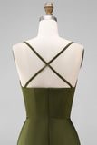 Olive Spaghetti Straps Satin Ruched Sheath Long Bridesmaid Dress