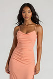 Sunset Spaghetti Straps Ruched Sheath Long Bridesmaid Dress with Slit
