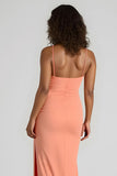 Sunset Spaghetti Straps Ruched Sheath Long Bridesmaid Dress with Slit