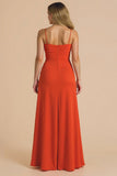 Burgundy Spagheeti Straps Ruched Sheath Long Bridesmaid Dress