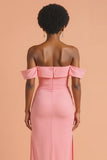 Pink Sheath Off the Shoulder Long Bridesmaid Dress with Slit