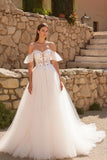 Off The Shoulder Ivory A Line Sweep Train Wedding Dress With Appliques