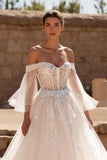 Ivory Tulle Ball Gown Sweep Train Wedding Dress With Lace