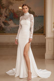 Ivory High Neck Long Sleeves Sweep Train Wedding Dress With Slit