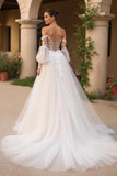 Ivory Off The Shoulder Sweep Train Tulle Wedding Dress With Sleeves