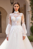 Ivory A Line Tulle High Neck Sweep Train Wedding Dress With Lace