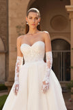 A Line Ivory Strapless Corset Sweetheart Tulle Court Train Wedding Dress With Lace
