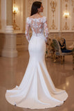 Mermaid White Illusion Neck Long Sleeves Court Train Wedding Dress With Lace