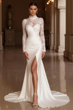 Ivory Mermaid High Neck Long Sleeve Court Train Wedding Dress With Lace