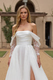 Ivory A Line Off The Shoulder Ruched Court Train Wedding Dress With Lace Appliques