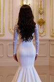 White Satin Mermaid High Neck Ruched Court Train Wedding Dress With Lace