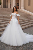 Off The Shoulder Ivory Tulle A Line Appliqued Long Wedding Dress