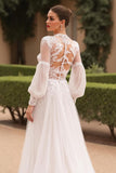 High Neck A Line Tulle Ivory Lace Wedding Dress With Puff Sleeves