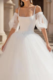 Square Neck Cold Shoulder A Line Tulle Wedding Dress