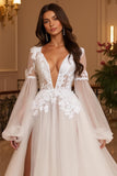 Lace Appliqued V Neck Tulle A Line Wedding Dress