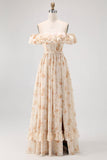 Champagne Flower Off The Shoulder Corset A-Line Bridesmaid Dress With Slit