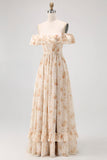 Champagne Flower Off The Shoulder Corset A-Line Bridesmaid Dress With Slit