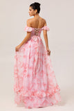 Champagne Flower Off The Shoulder Corset A-Line Bridesmaid Dress With Slit