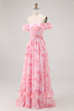 Champagne Flower Off The Shoulder Corset A-Line Bridesmaid Dress With Slit
