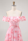 Champagne Flower Off The Shoulder Corset A-Line Bridesmaid Dress With Slit