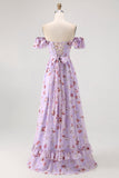 Champagne Flower Off The Shoulder Corset A-Line Bridesmaid Dress With Slit