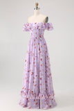 Champagne Flower Off The Shoulder Corset A-Line Bridesmaid Dress With Slit