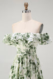 Green Floral A Line Off The Shoulder Ruffled Bridesmaid Dress