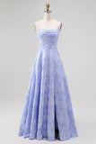 Blue A Line Cowl Neck Floral Jacquard Long Bridesmaid Dress with Slit