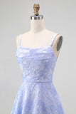 Blue A Line Cowl Neck Floral Jacquard Long Bridesmaid Dress with Slit