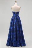 Dark Blue A Line Strapless Floral Jacquard Corset Maxi Dress