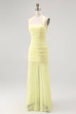 Yellow Halter Sheath Ruched Tie Back Long Bridesmaid Dress