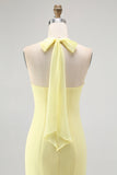 Yellow Halter Sheath Ruched Tie Back Long Bridesmaid Dress