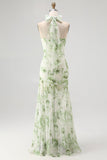 Green Flower A-Line Halter Pleated Long Bridesmaid Dress