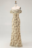 Champagne Flower Sheath Off The Shoulder Wedding Guest Dress