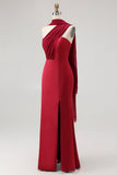 Burgundy One Shoulder Sheath Long Bridesmaid Dress with Streamer