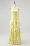 Yellow Ruffled Strapless Long Bridesmaid Dress with Streamer