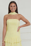 Yellow Ruffled Strapless Long Bridesmaid Dress with Streamer