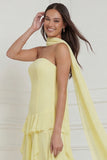 Yellow Ruffled Strapless Long Bridesmaid Dress with Streamer