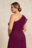 One Shoulder Burgundy Chiffon A-Line Choir Dress with Ruffles