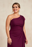 One Shoulder Burgundy Chiffon A-Line Choir Dress with Ruffles