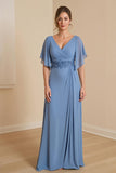 A Line Dusty Blue V-Neck Chiffon Long Choir Dress with Short Sleeves