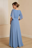 A Line Dusty Blue V-Neck Chiffon Long Choir Dress with Short Sleeves