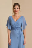 A Line Dusty Blue V-Neck Chiffon Long Choir Dress with Short Sleeves