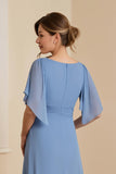 A Line Dusty Blue V-Neck Chiffon Long Choir Dress with Short Sleeves